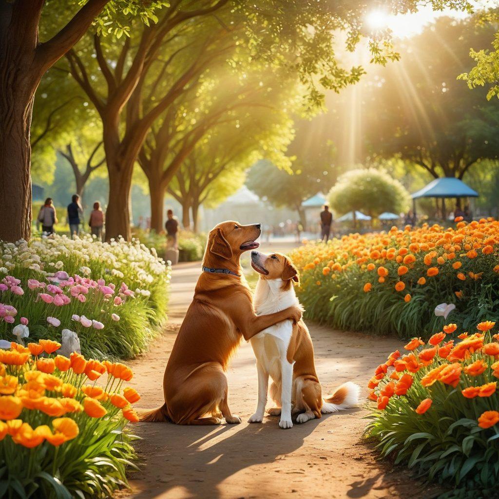 A heartwarming scene of a diverse group of people engaging with their pets in a serene park, showcasing kindness and connection. Include creative banners advocating for animal rights, surrounded by lush greenery and colorful flowers. Emphasize the emotional bond between humans and animals, with joyful expressions. Soft, warm lighting to evoke a sense of compassion. super-realistic. vibrant colors. natural setting.