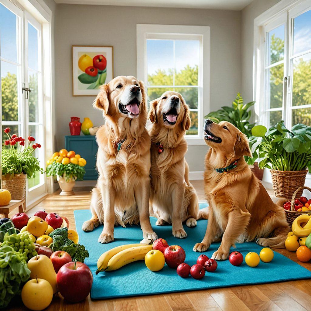 A heartwarming scene of a happy dog and cat engaging in a healthy lifestyle, surrounded by colorful fruits and vegetables, training equipment like dumbbells and yoga mats, and a bright sun shining in a blue sky. Incorporate a cozy home environment in the background with a pet owner lovingly supervising their pets. super-realistic. vibrant colors. 3D.