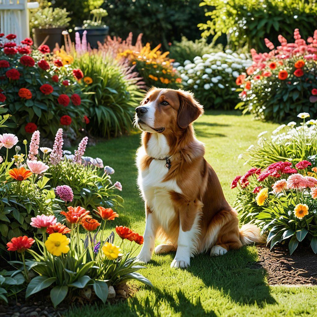 A warm and inviting scene featuring a happy dog and cat playing together in a sunny garden filled with colorful flowers. Include pet care essentials like bowls, toys, and a comfy bed in the background. Ensure the atmosphere conveys joy, love, and companionship. Highlight the bond between pets and their owners with subtle hints of human hands in the frame. super-realistic. vibrant colors. natural setting.